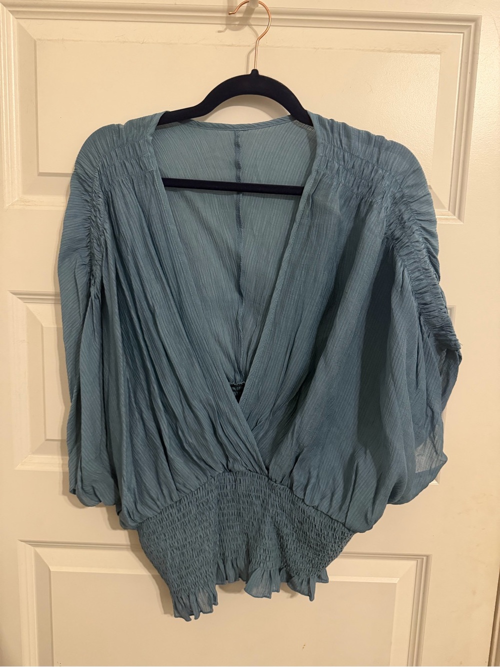SHEIN Dusty Blue V-Neck Smocked-Waist Blouse